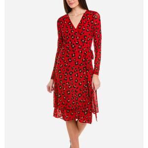 CAbi #5571 Siren Wrap Dress Midi Length V-Neckline Leopard Print Red XXL